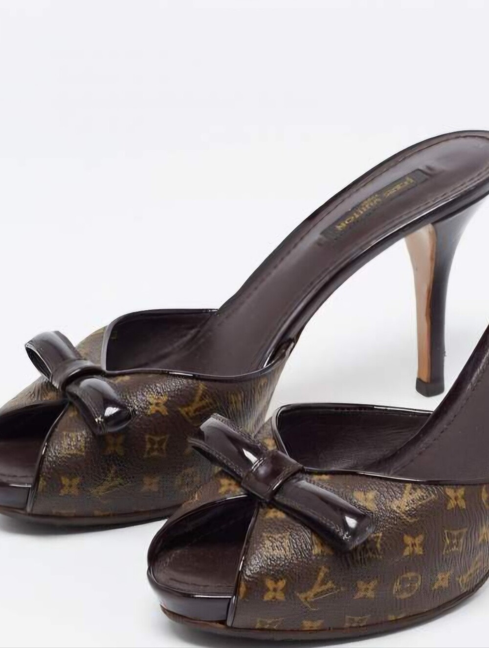 Louis Vuitton Monogram Peep-Toe Bow Mule Heels in Dark Brown